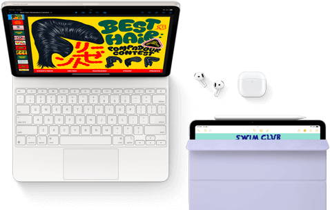 Egy Magic Keyboardhoz csatlakoztatott iPad Air, mellette különböző kiegészítők – AirPods Pro, Apple Pencil Pro és Smart
      Folio