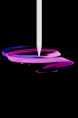 Fehér
      Apple Pencil Pro, elölnézetben, álló tájolásban, oldalprofilból, amint lila és rózsaszín szalagokból álló absztrakt látványtervet
      rajzol