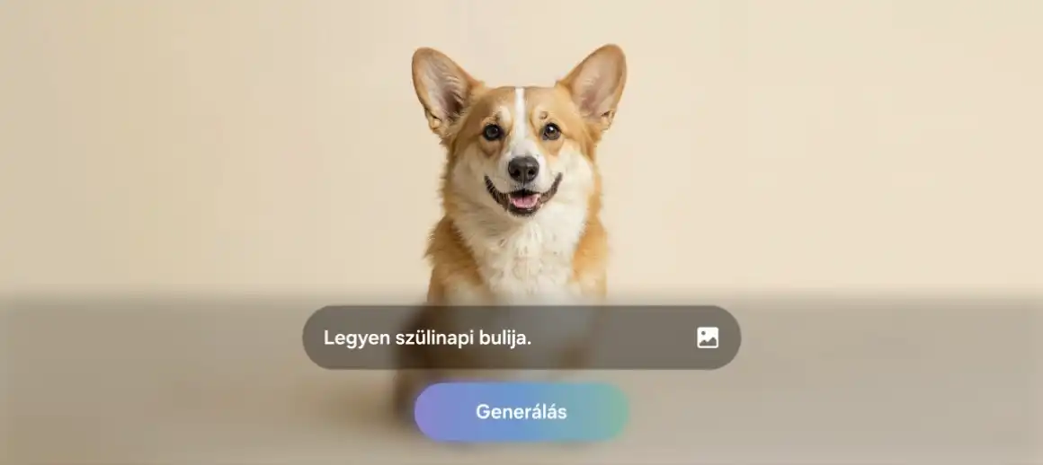 Corgi kutya képe a Galaxy AI generáló felületén szövegmezővel.