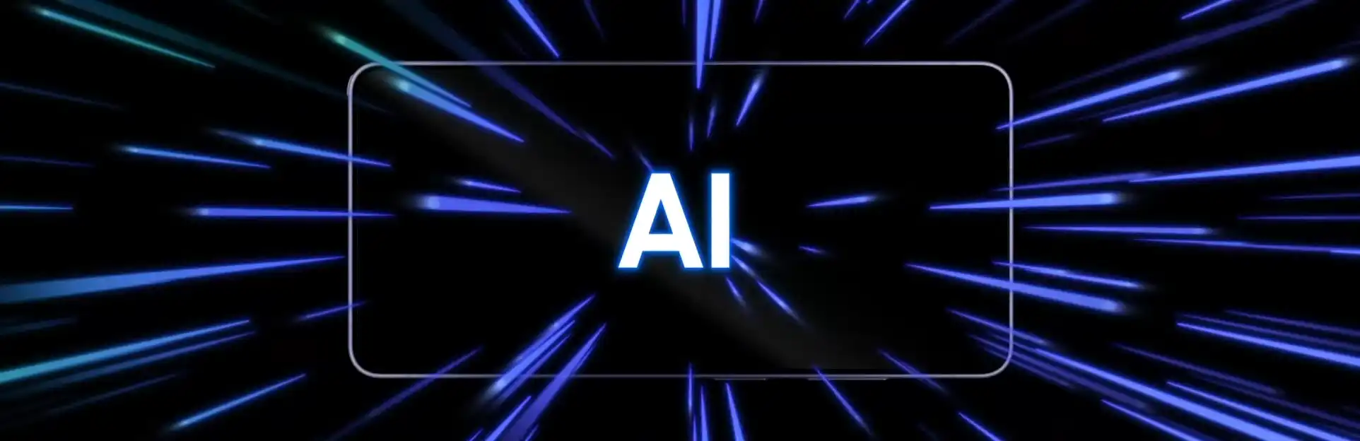 AI felirat futurisztikus fénycsóvákkal fekete háttéren.